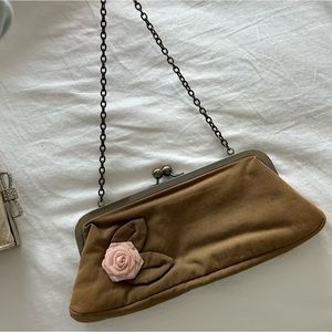 Khaki Y2K Baguette purse with floral appliqué